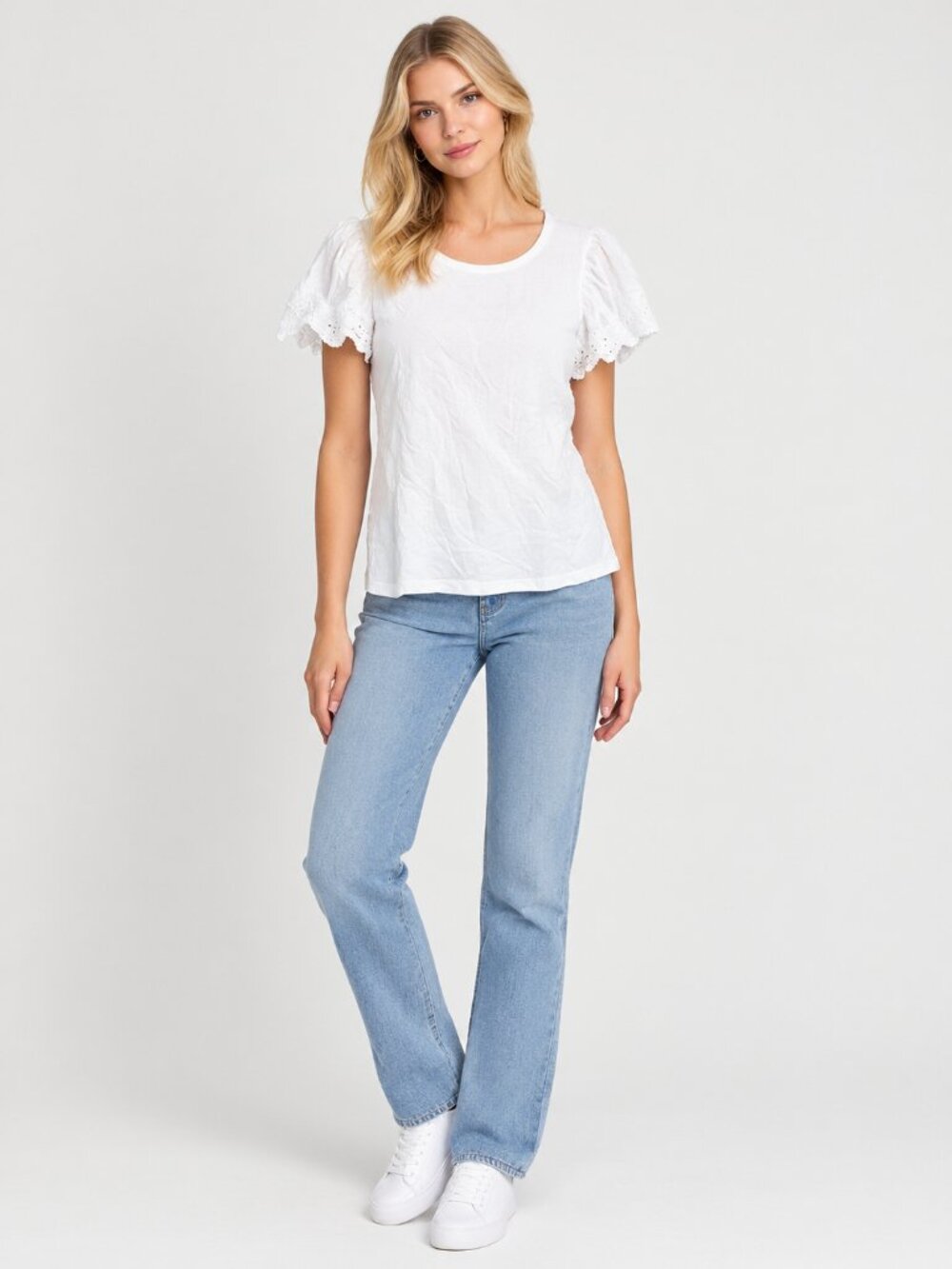 2/$30 T TAHARI Lace Trim Flutter Sleeve Blouse White Medium #A4766